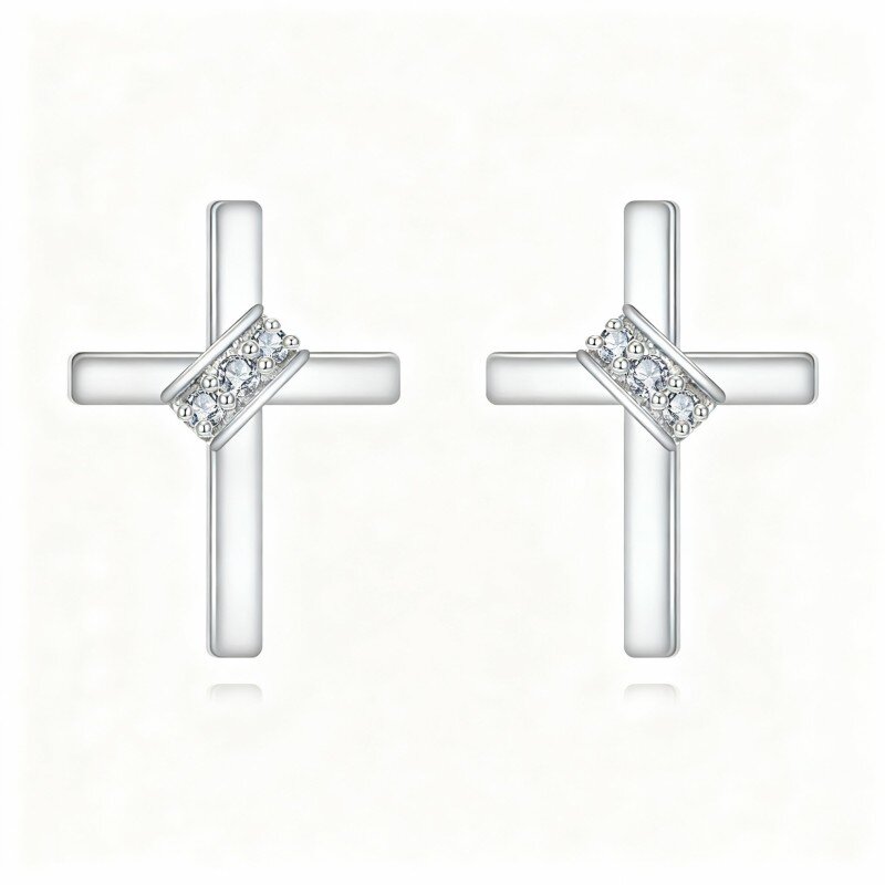 9K White Gold Moissanite Cross Stud Earrings-4