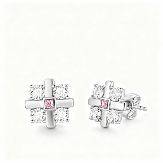 Orecchini a bottone con croce in moissanite in oro bianco 10K