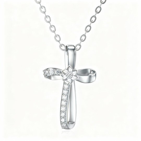 Naszyjnik z wisiorkiem w kształcie stokrotki i krzyża z moissanitem 10K z białego złota