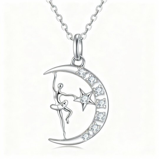 10K White Gold Moissanite Dancing Girl & Moon & Star Pendant Necklace