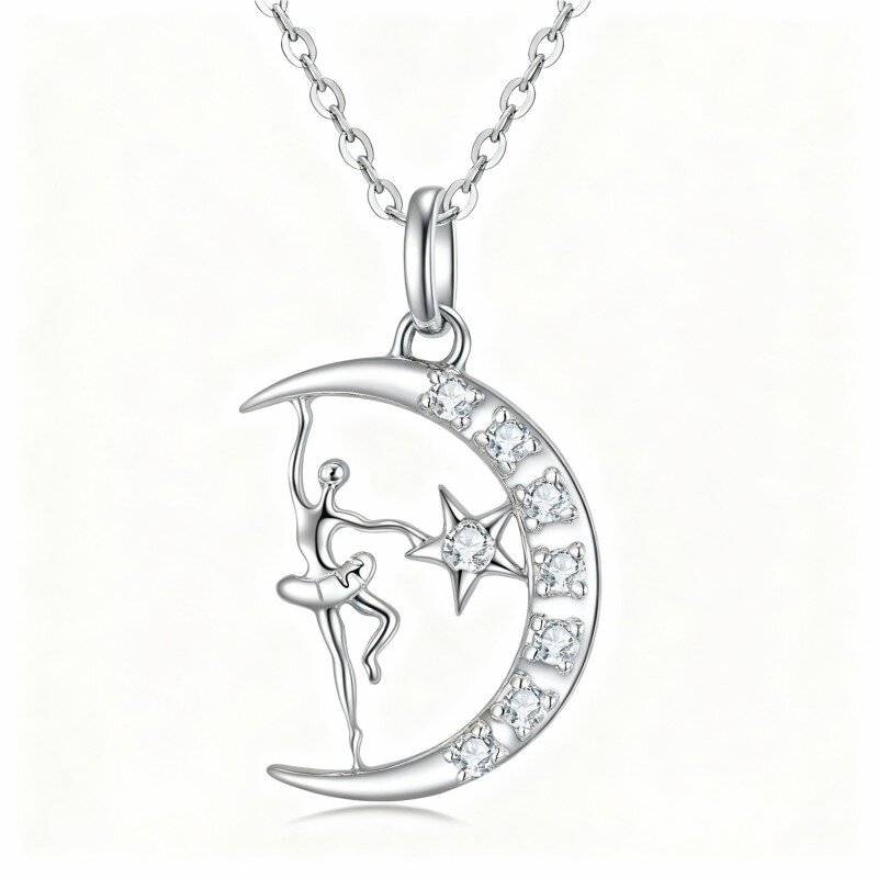 Collar con colgante de niña bailarina, luna y estrella en oro blanco de 10 quilates con moissanita-2
