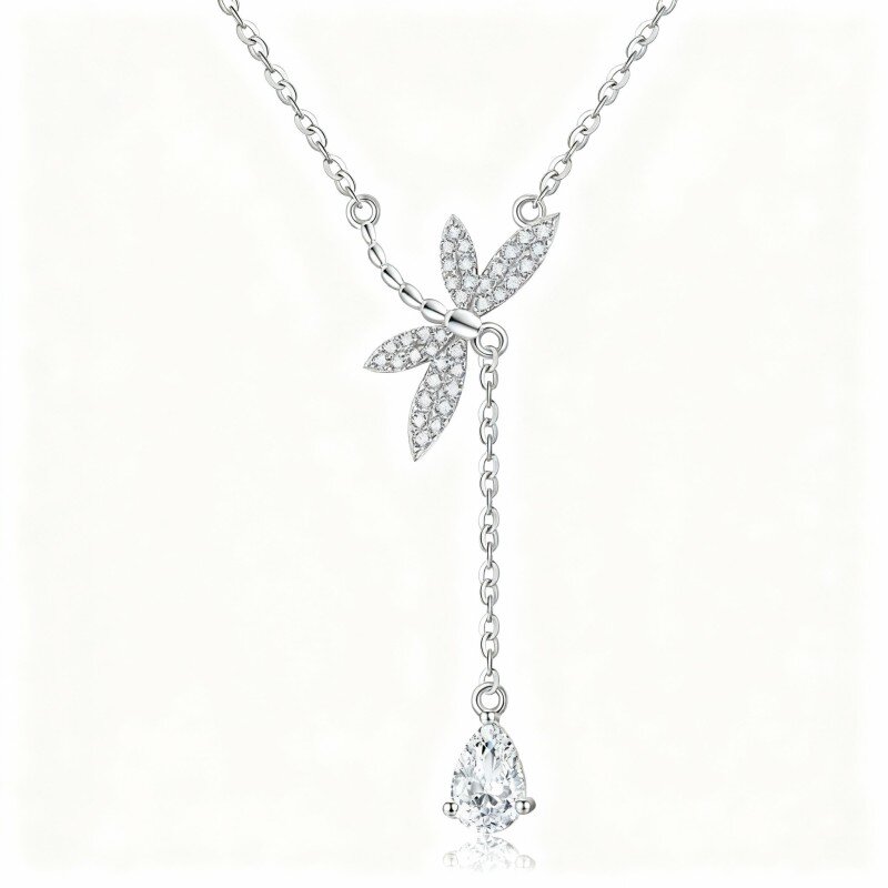 10K White Gold Moissanite Dragonfly Non-adjustable Y-Necklace-16