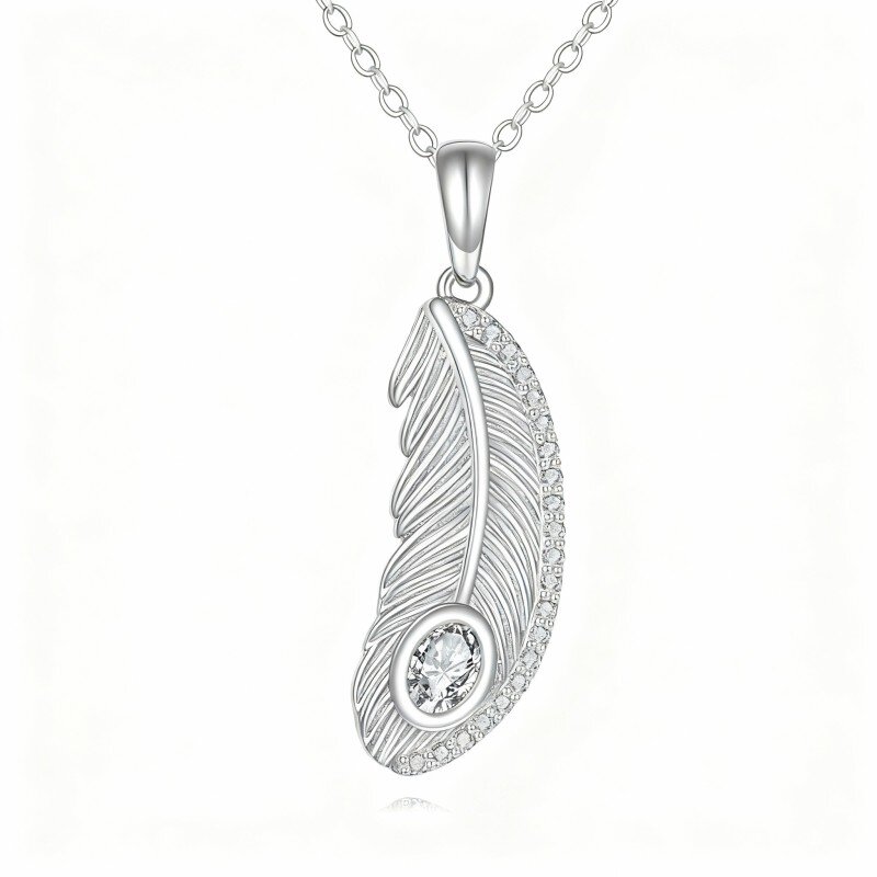 10K White Gold Moissanite Feather Pendant Necklace-8