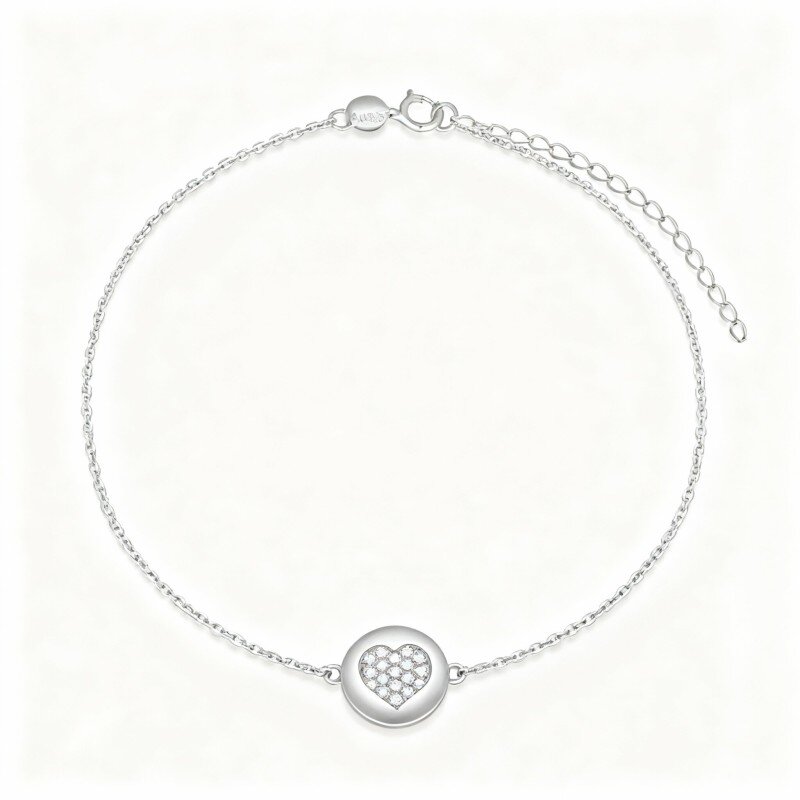 Pulseira com pendente coração em ouro branco 10K e moissanita-11