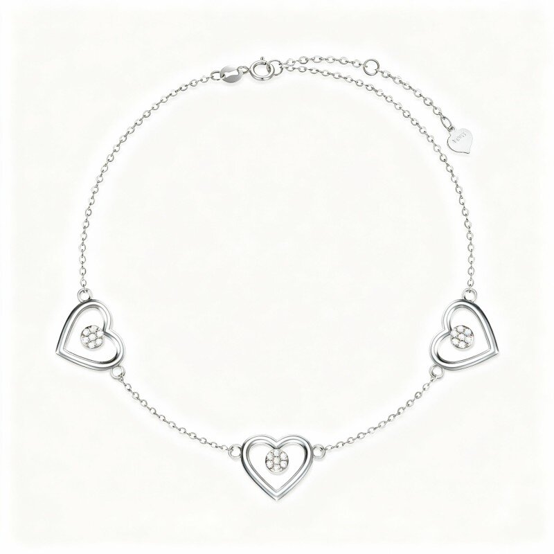 Pulseira com pendente coração em ouro branco 14K e moissanita-8