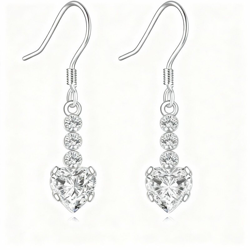 10K White Gold Cubic Zirconia & Moissanite Heart Drop Earrings-8