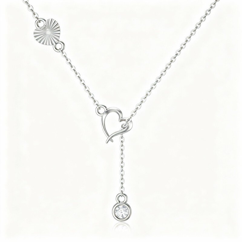 Colar em Y fixo com pendente de coração em moissanita e ouro branco 10K-1