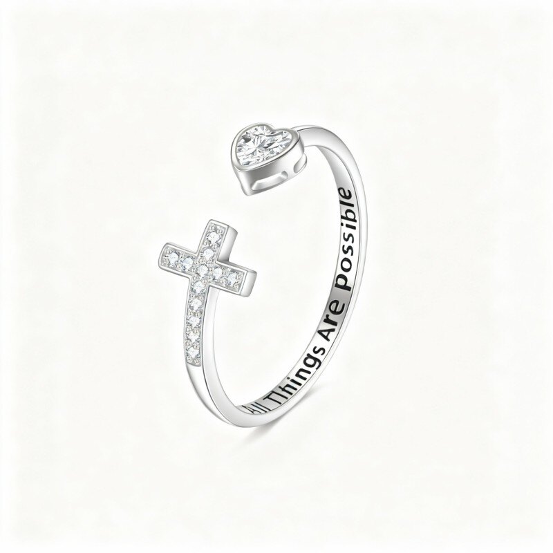 Herzförmiger offener Ring aus 10-karätigem Weißgold mit Zirkonia und Moissanit-14