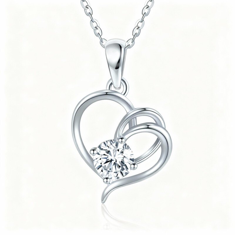10K White Gold Moissanite Heart With Heart Pendant Necklace-1