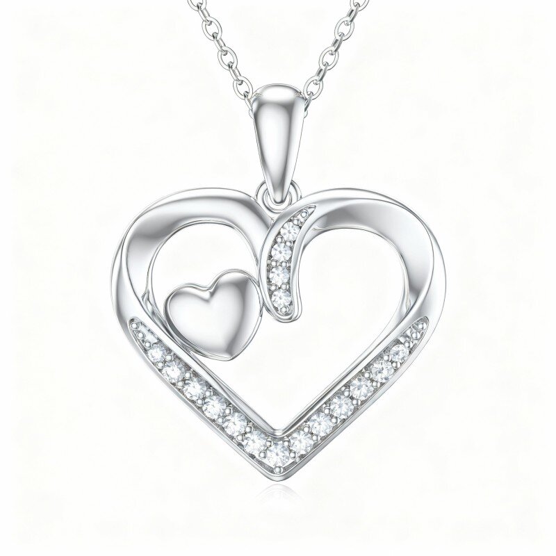 10K White Gold Moissanite Heart With Heart Pendant Necklace-12