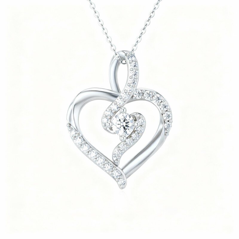 Colar com pendente coração em moissanita e ouro branco 9K-18