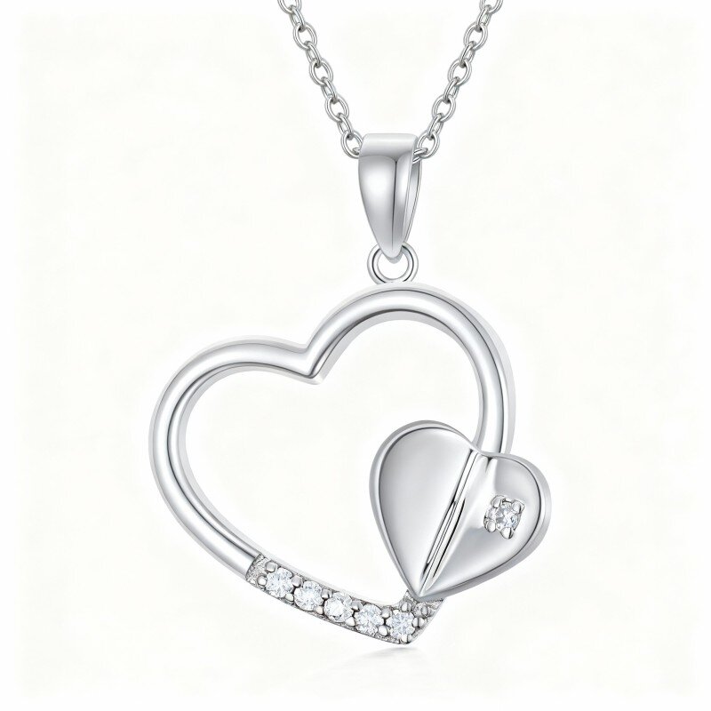 10K White Gold Moissanite Heart With Heart Pendant Necklace-15