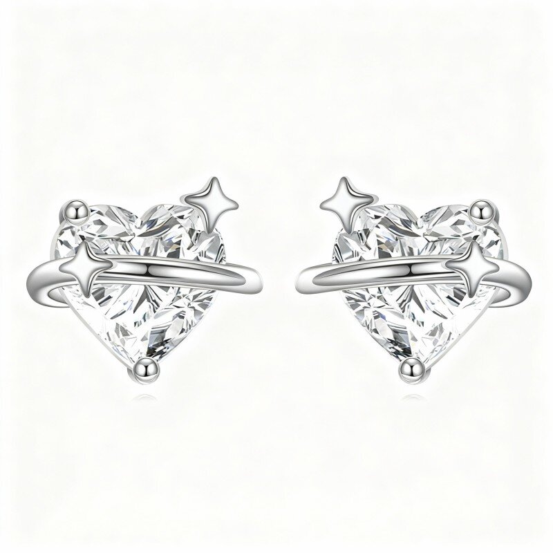 Brincos coração e estrela em ouro branco 10K com moissanita-9