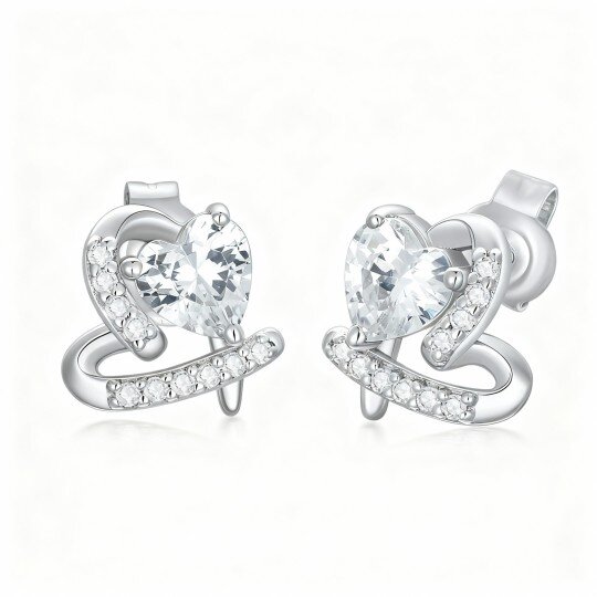 10K White Gold Cubic Zirconia & Moissanite Heart Stud Earrings