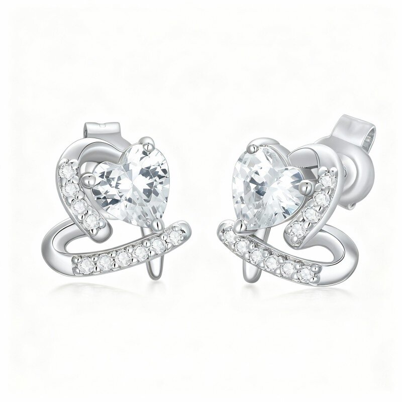 10K White Gold Cubic Zirconia & Moissanite Heart Stud Earrings-13