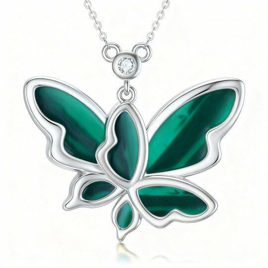Colar com pendente de borboleta em ouro branco 10K, moissanita e malaquite