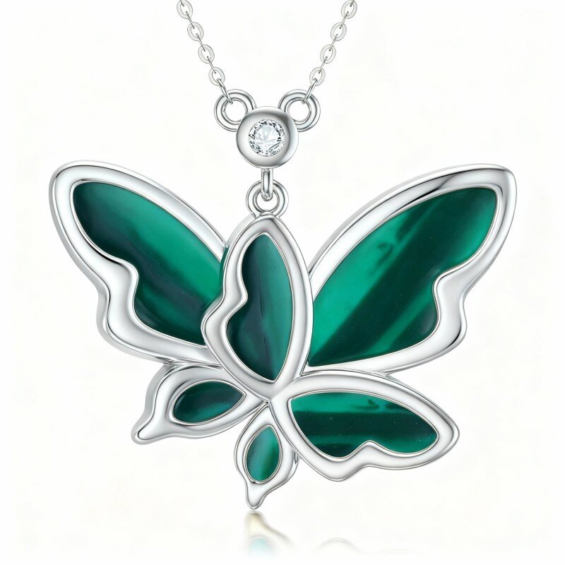 Colar com pendente de borboleta em ouro branco 10K, moissanita e malaquite-9