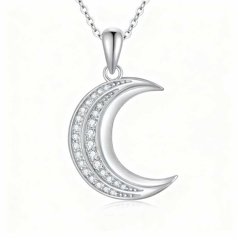 10K White Gold Moissanite Moon Pendant Necklace-3