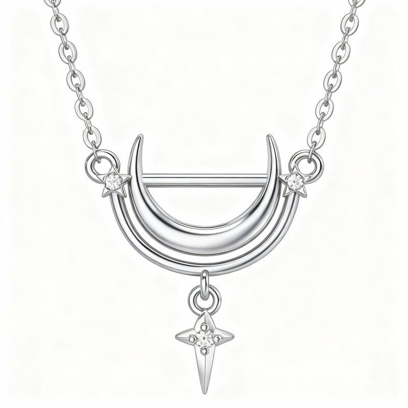 Colar com pendente de lua em ouro branco 10K e moissanita-17