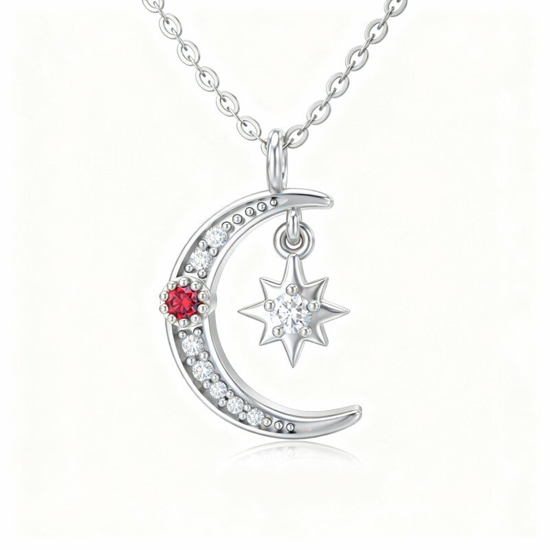 10K White Gold Moissanite Moon & Star Pendant Necklace-8
