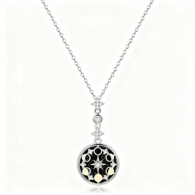 14K White Gold Moissanite Moon & Star Pendant Necklace-1