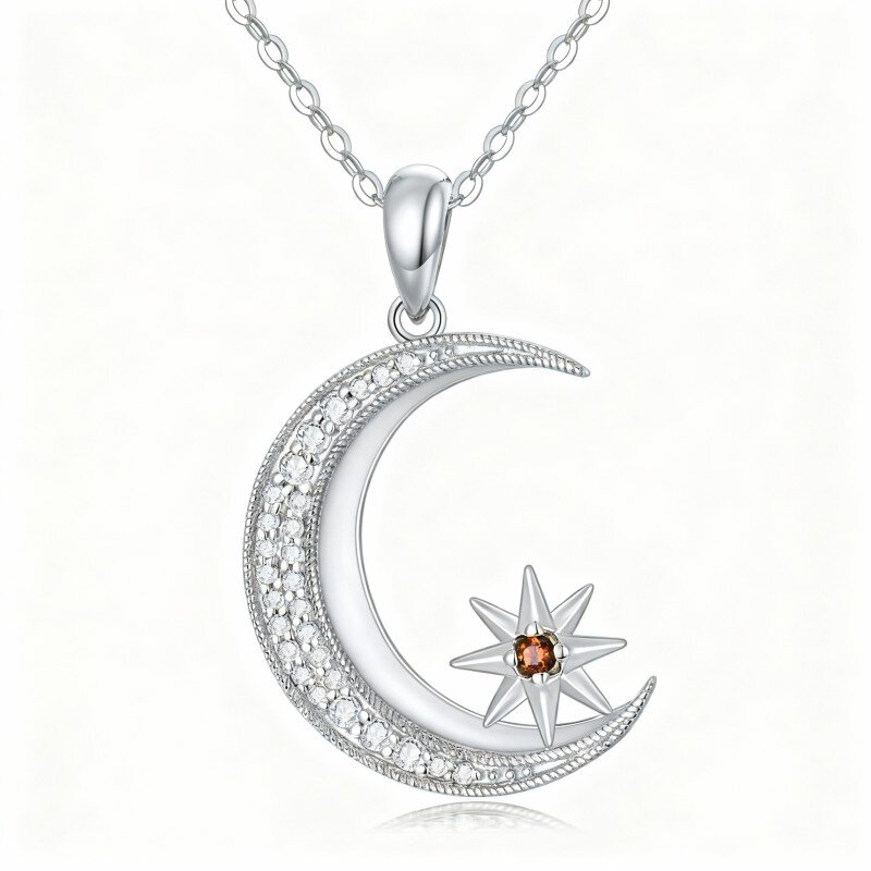 10K White Gold Moissanite Moon & Star Pendant Necklace-5