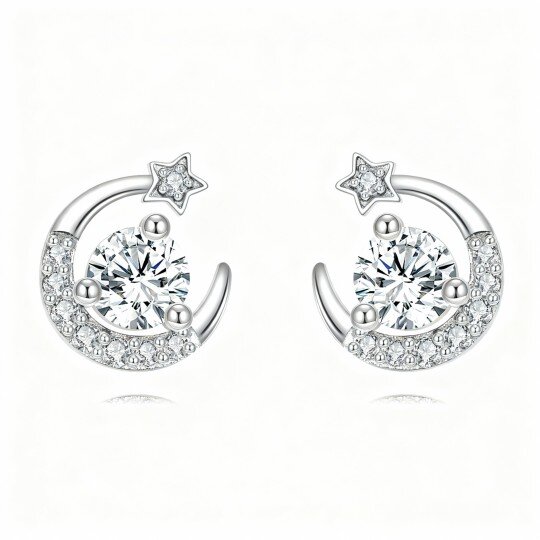 Brincos lua e estrela em moissanita de ouro branco 9K