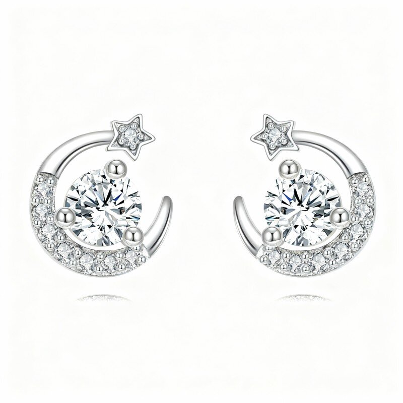Brincos lua e estrela em moissanita de ouro branco 9K-1