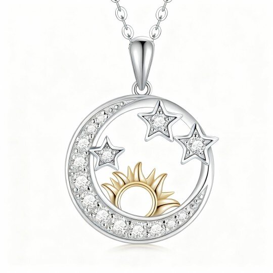 Colar com pendente de lua, estrela e sol em moissanita em ouro branco 10K