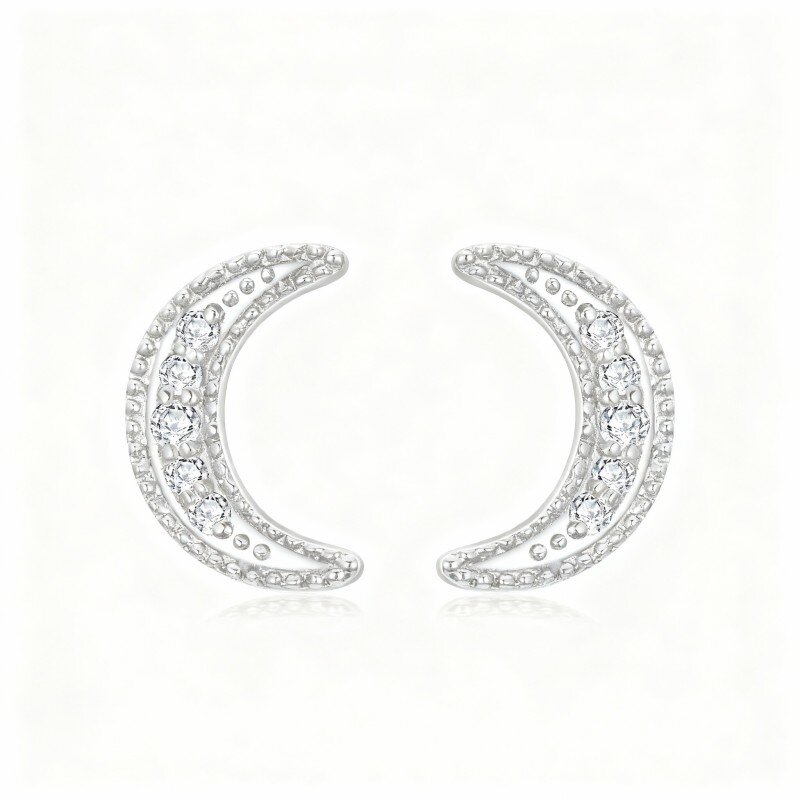 Brincos lua em ouro branco 9K com moissanita-12