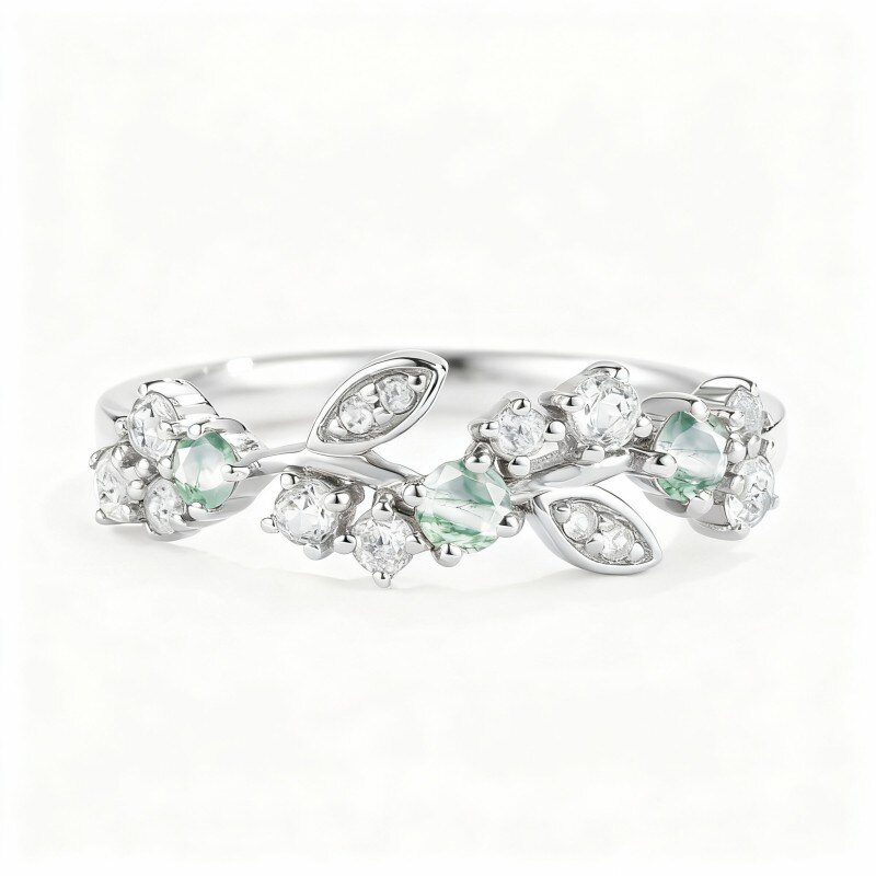 Bague en platine plaqué or blanc avec moissanite et feuilles d'agate mousse-1