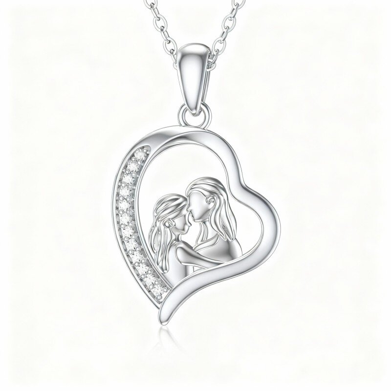 Colar com pendente de coração e mãe com moissanita em ouro branco 10K-3