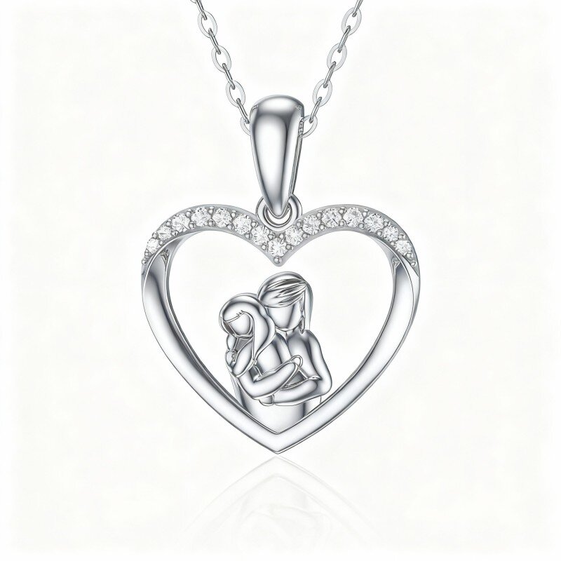 Colar com pendente de coração e mãe com moissanita em ouro branco 10K-4