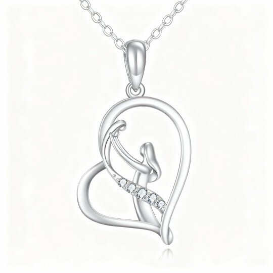 Colar com pendente de coração e mãe com moissanita em ouro branco 10K