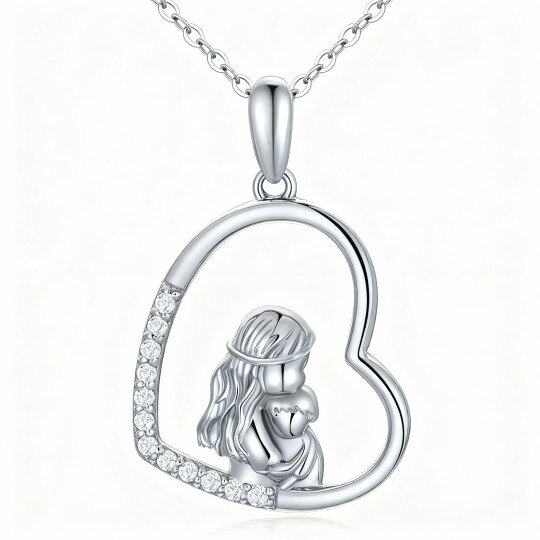 10K White Gold Moissanite Mother & Heart Pendant Necklace