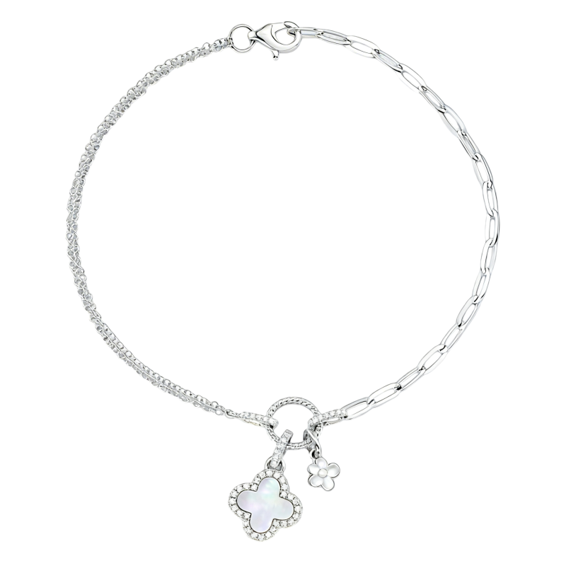 Pulsera con dije de trébol de cuatro hojas, moissanita y nácar, en oro blanco de 10 quilates.-1