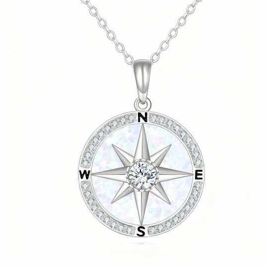 10K White Gold Cubic Zirconia & Moissanite & Opal Compass Pendant Necklace