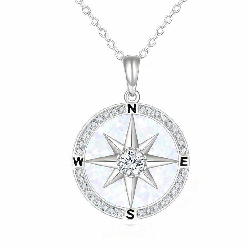 10K White Gold Cubic Zirconia & Moissanite & Opal Compass Pendant Necklace-9