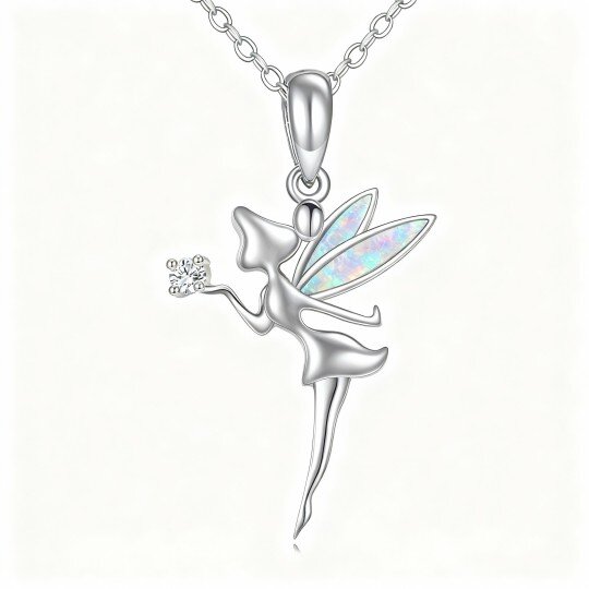 Colar com pendente de fada em ouro branco 10K, moissanita e opala