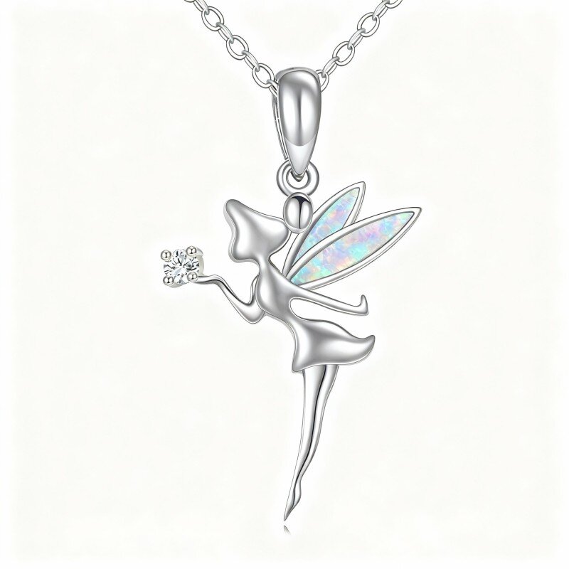 Colar com pendente de fada em ouro branco 10K, moissanita e opala-13