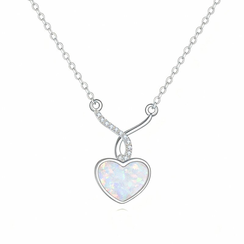 Collier pendentif cœur en platine plaqué or blanc avec moissanite et opale-1