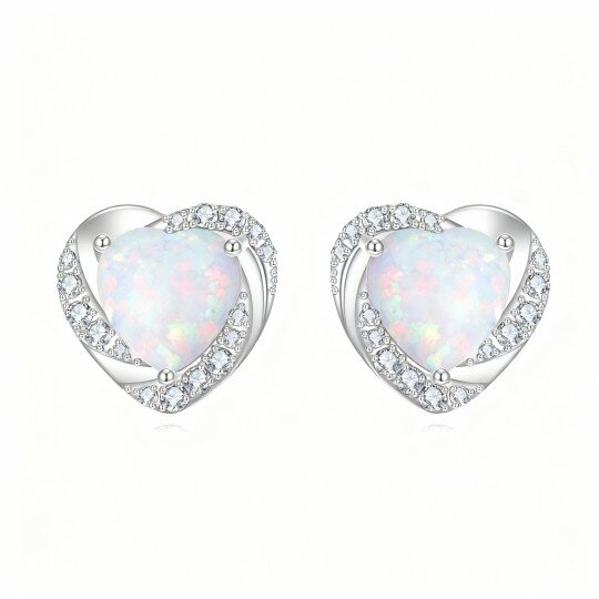 10K White Gold Moissanite & Opal Heart Stud Earrings