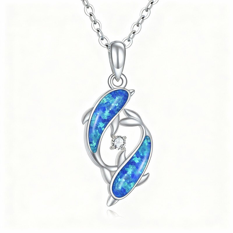 10K White Gold Moissanite & Opal Whale Pendant Necklace-4