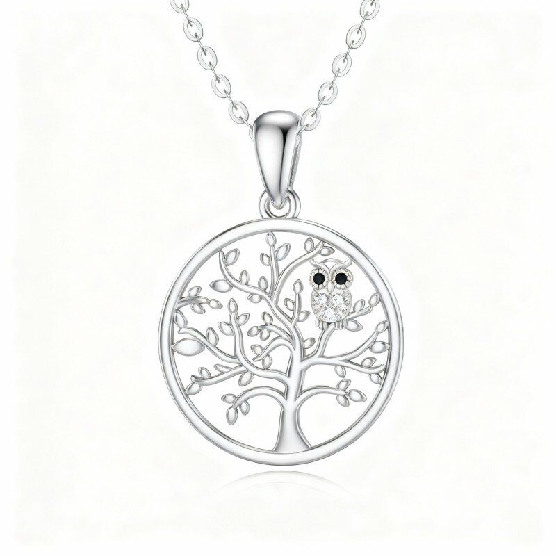 10K White Gold Moissanite Owl & Tree Of Life Pendant Necklace-12