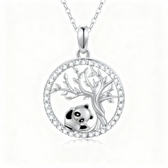 10K White Gold Moissanite Panda & Tree Of Life Pendant Necklace