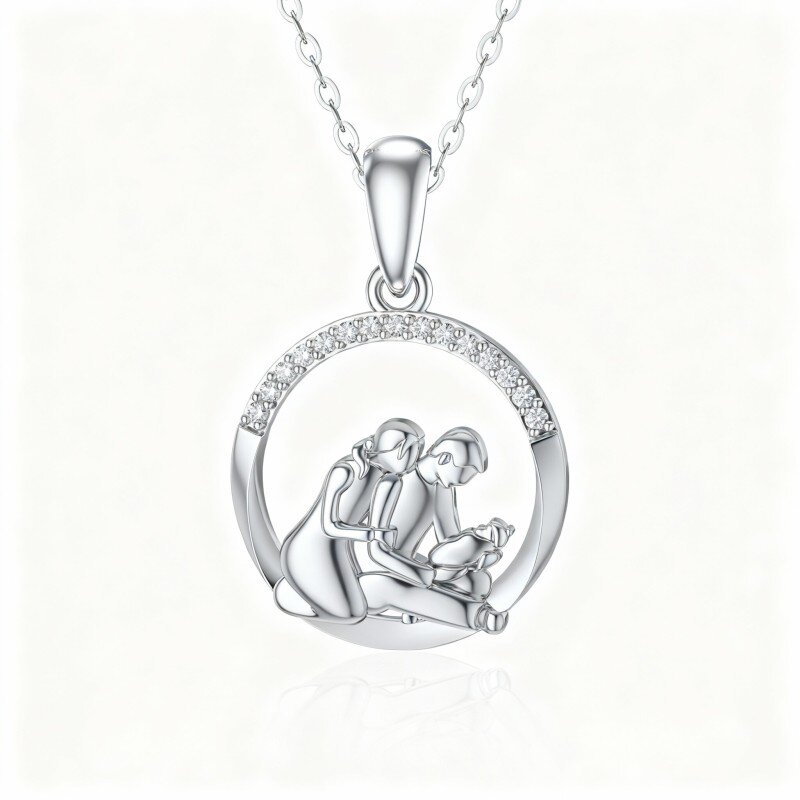 Colar com pendente em forma de gota representando pais e filhos em ouro branco 10K com moissanita-9