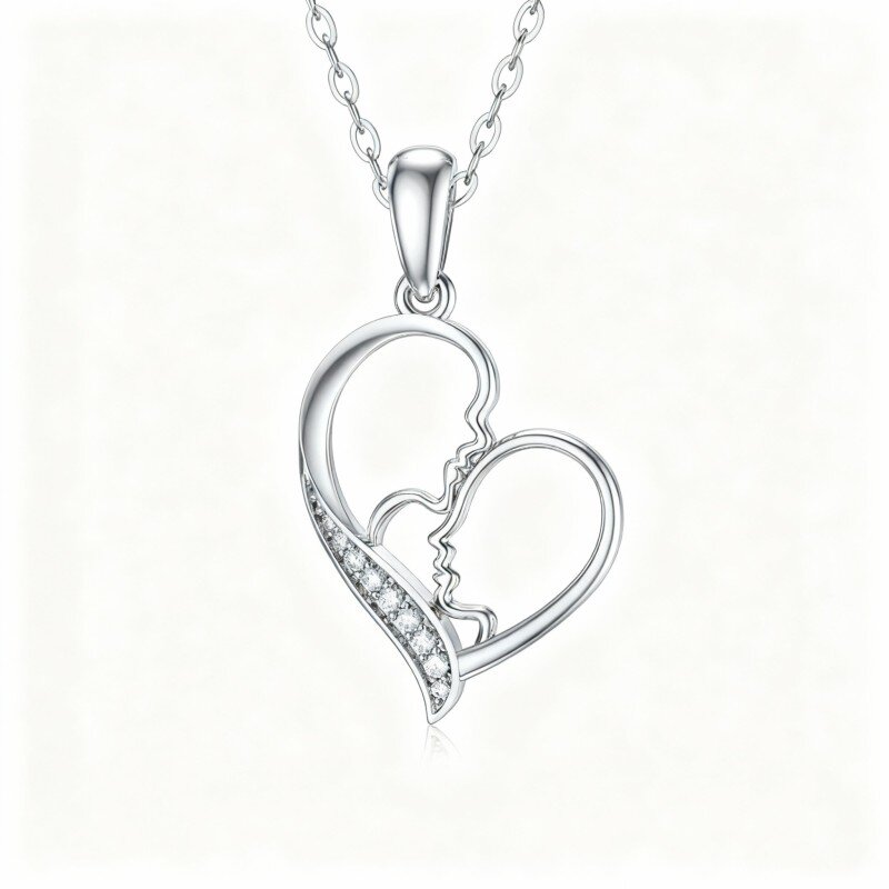 Collier pendentif en or blanc 10 carats avec moissanite, représentant des parents, des enfants et un cœur-3