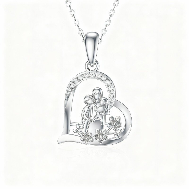 Colar com pendente coração em ouro branco 10K com moissanita representando pais e filhos-10