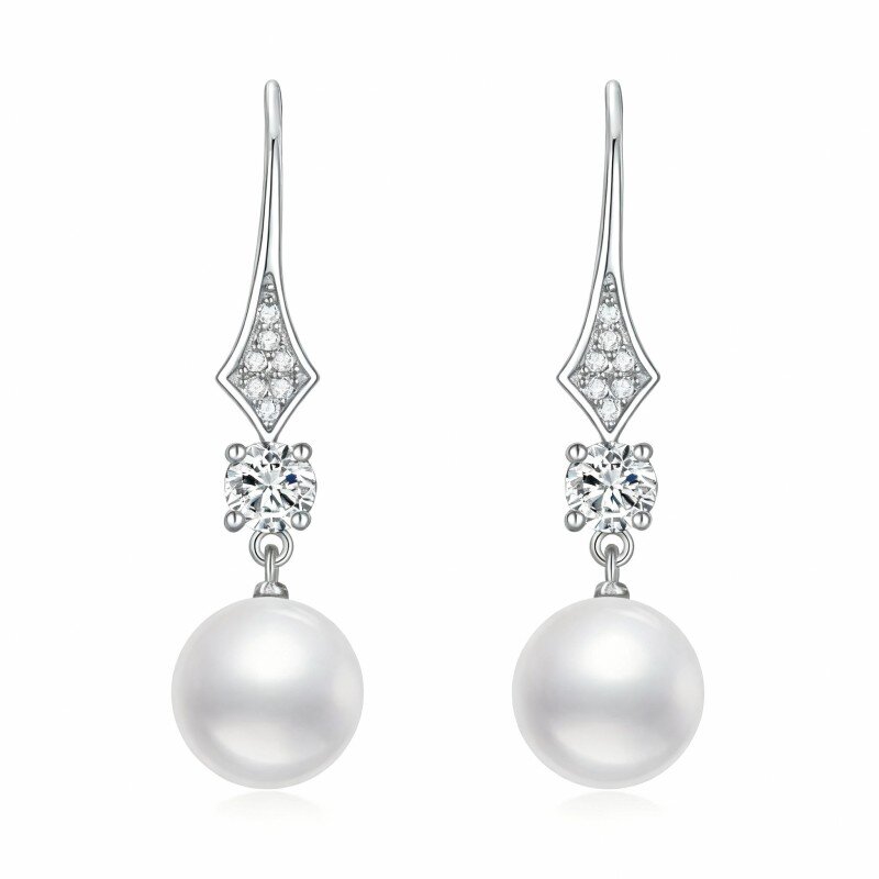 10K White Gold Moissanite & Pearl Bead Drop Earrings-1