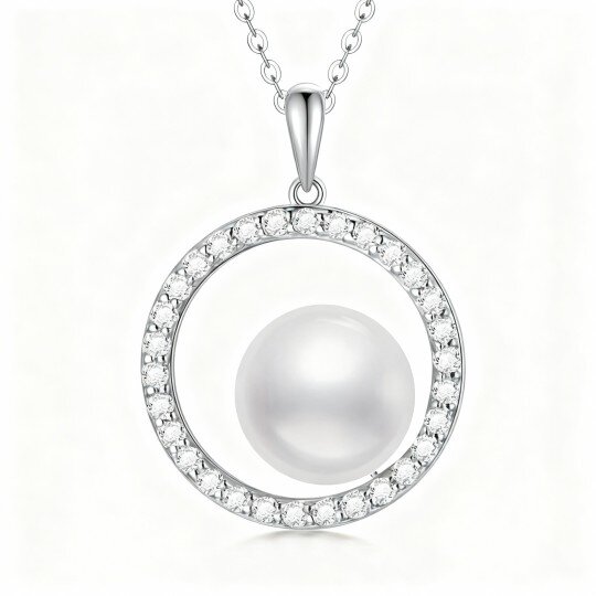 9K White Gold Moissanite & Pearl Circle Pendant Necklace